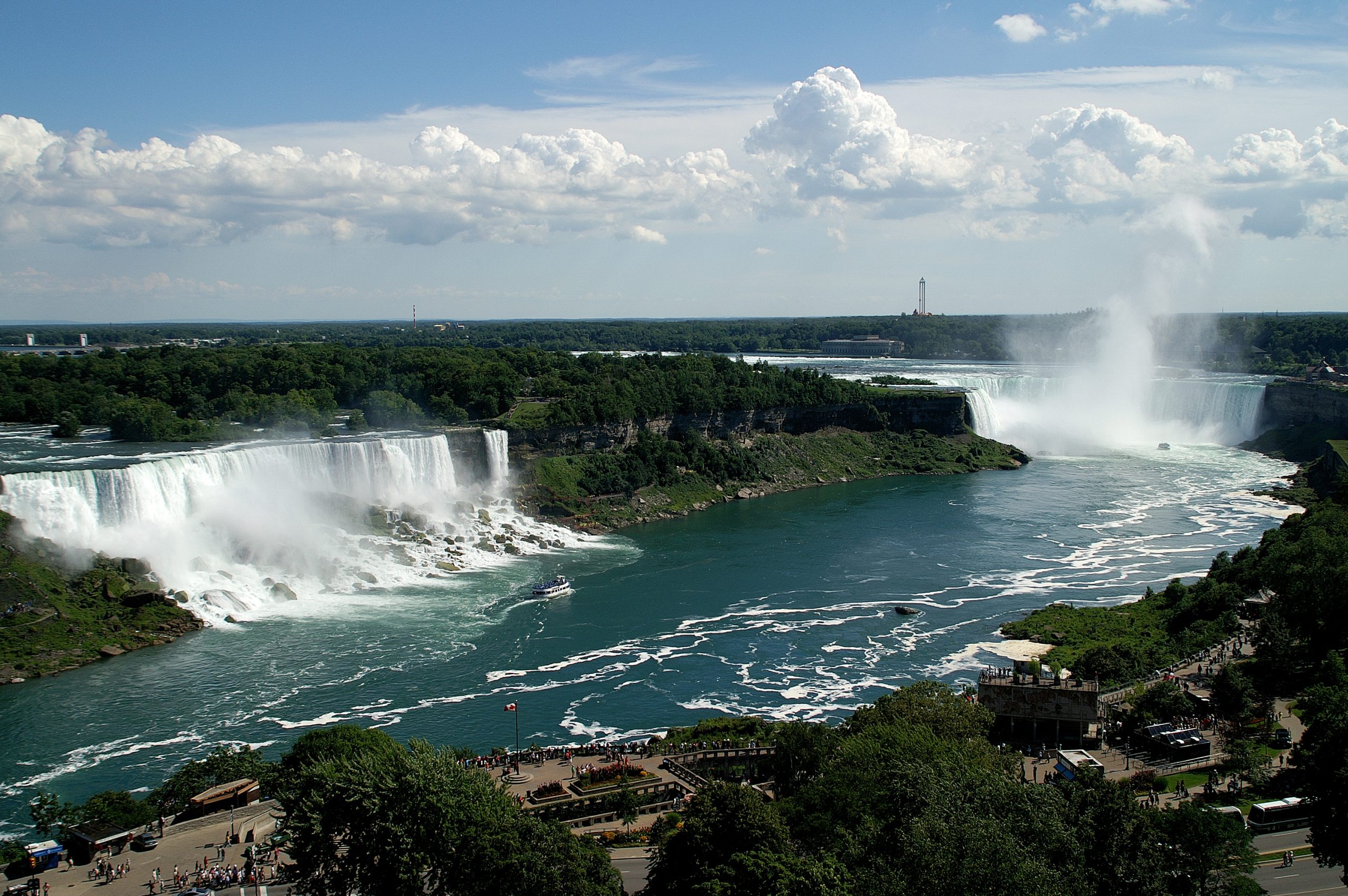 Niagara Falls as viewed from the Canadian side of the river. The three individual falls from left to right are American Falls, Bridal Veil Falls, and Horseshoe Falls.